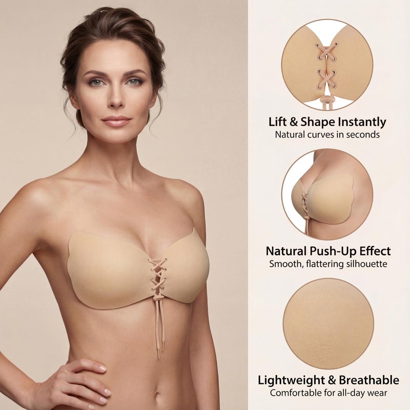 umooie Sticky Bra 2 Pairs Backless, Strapless, Adhesive, Invisible, Push up Bra for Women Stick on, Black and Nude, D Cup - Image 5
